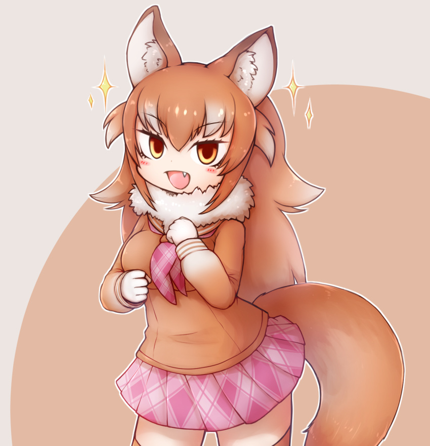 animal_ears aticotta bad_id bad_pixiv_id blush breasts brown_eyes brown_hair brown_thighhighs female gradient_hair highres japanese_wolf_(kemono_friends) kemono_friends large_breasts long_hair long_sleeves looking_at_viewer multicolored_hair oerba_yun_fang open_mouth pink_skirt pleated_skirt skirt smile solo tail thighhighs white_hair wolf_ears wolf_girl wolf_tail