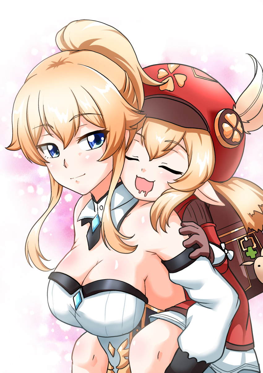 2girls :d absurdres ahoge armpits atawatsho backpack bag bare_shoulders blonde_hair blue_eyes breasts brown_gloves cabbie_hat carrying carrying_person cleavage coat collarbone corset detached_collar dodoco_(genshin_impact) drooling genshin_impact gloves gradient_background hair_between_eyes hat hat_feather hat_ornament highres jean_(genshin_impact) klee_(genshin_impact) light_brown_hair long_hair long_sleeves looking_at_another low_twintails multiple_girls open_mouth piggyback pointy_ears ponytail randoseru red_coat sidelocks simple_background size_difference sleeping sleeping_on_person smile twintails