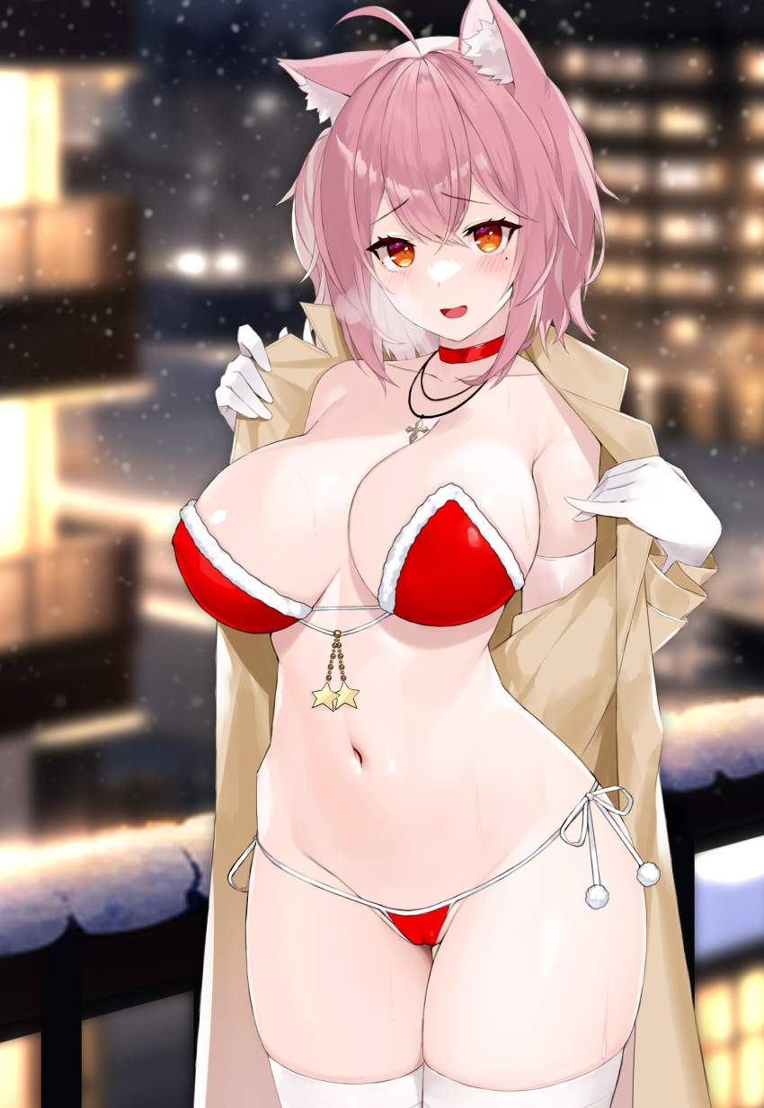 :d absurdres ahoge amane_chikaze animal_ear_fluff animal_ears bare_shoulders bikini blurry breasts breath brown_coat cameltoe choker cleavage coat collarbone cowboy_shot depth_of_field elbow_gloves female fur_trim gloves highres indie_virtual_youtuber jewelry large_breasts long_sleeves looking_at_viewer mole mole_under_eye nakamura_nagare navel necklace off_shoulder open_clothes open_coat open_mouth orange_eyes pink_hair red_bikini red_choker santa_bikini short_hair side-tie_bikini_bottom skindentation smile snowing solo standing stomach strapless strapless_bikini sweat swimsuit thigh_gap thighhighs thighs virtual_youtuber white_gloves white_thighhighs