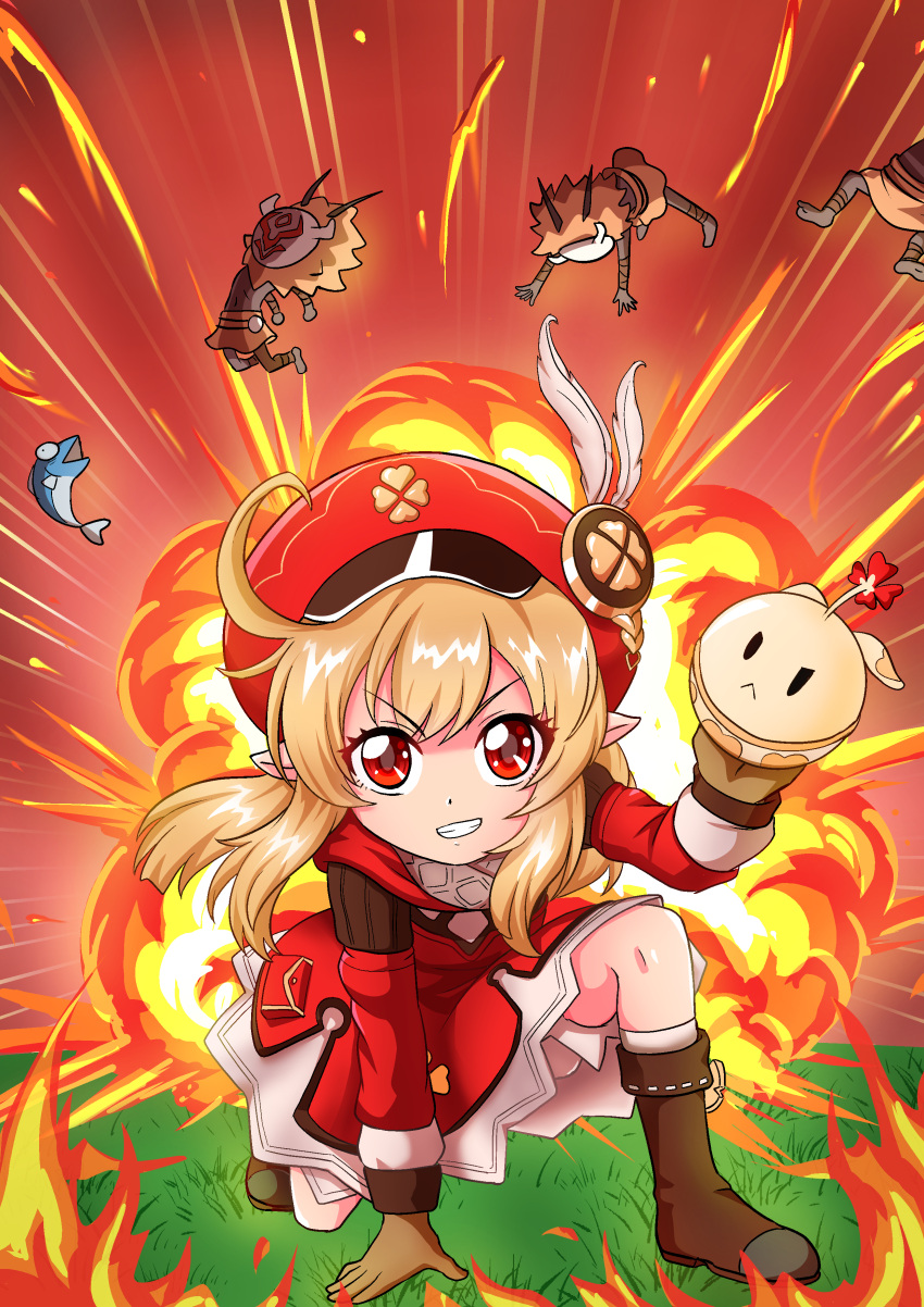 :d absurdres ahoge atawatsho bent_over bloomers bomb boots brown_footwear brown_gloves brown_scarf cabbie_hat clover_print coat commentary english_commentary explosion explosion_gag explosive female fire fish genshin_impact gloves grass grin hair_between_eyes hat highres hilichurl_(genshin_impact) holding jumpy_dumpty klee_(genshin_impact) knee_boots kneeling light_brown_hair long_hair long_sleeves looking_at_viewer low_twintails open_mouth pointy_ears pose red_coat red_eyes scarf sidelocks smile thighhighs twintails underwear v-shaped_eyebrows wind