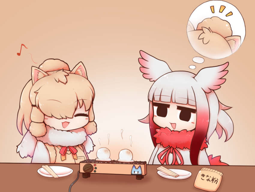 2girls alpaca_ears alpaca_girl alpaca_suri_(kemono_friends) animal_ears aticotta bad_id bad_pixiv_id black_eyes blonde_hair blush chopsticks commentary facing_another gradient_hair hair_over_one_eye head_wings highres japanese_crested_ibis_(kemono_friends) kemono_friends looking_at_another lucky_beast_(kemono_friends) medium_hair multicolored_hair multiple_girls open_mouth plate red_hair sidelocks smile thought_bubble white_hair wings