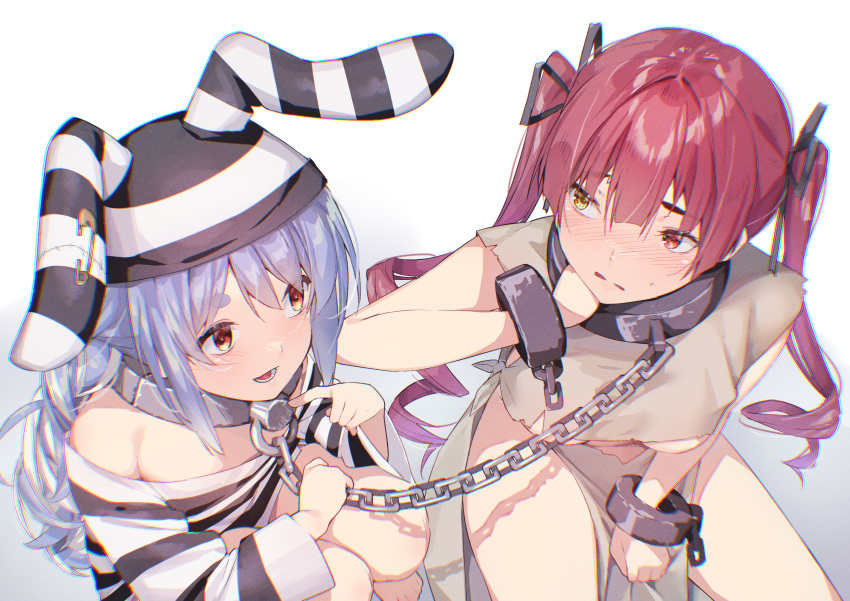 2girls absurdres bare_arms between_legs blue_hair blush bound_together breasts chains collar commentary_request cuffs dress drill_hair hair_ribbon hand_between_legs highres hololive houshou_marine koubou_(cowbow_kun) linked_collar long_hair long_sleeves looking_at_another medium_breasts metal_collar multicolored_hair multiple_girls open_mouth parted_lips red_eyes red_hair ribbon streaked_hair striped_clothes striped_dress striped_headwear thick_eyebrows torn_clothes torn_dress twin_drills twintails usada_pekora usada_pekora_(prisoner) virtual_youtuber white_hair yellow_eyes