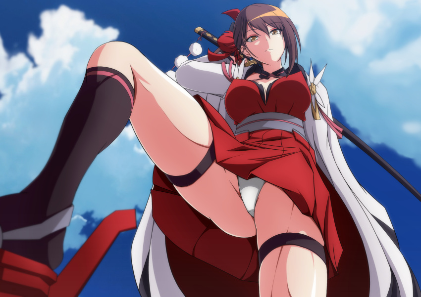 azur_lane bare_shoulders black_socks blue_sky breasts brown_hair carrying_over_shoulder cleavage closed_mouth cloud commentary cowboy_shot criss-cross_halter day dress eyeliner female groin hair_between_eyes hair_ornament halterneck high_ponytail highres holding holding_sword holding_weapon japanese_clothes kanzashi katana kimono kneehighs large_breasts leg_up long_hair long_sleeves looking_at_viewer makeup makiri_akira open_clothes open_kimono outdoors panties pleated_dress ponytail red_dress rudder_footwear sheath sheathed sidelocks skindentation sky sleeveless sleeveless_dress socks solo standing sword thigh_strap underwear very_long_hair weapon white_kimono white_panties wide_sleeves yellow_eyes zuikaku_(azur_lane)