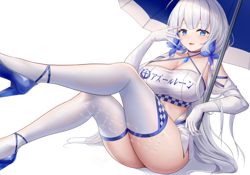 alternate_costume azur_lane bare_shoulders blue_choker blue_eyes blue_footwear breasts checkered_clothes checkered_legwear chinese_commentary choker cleavage commentary_request copyright_name criss-cross_halter crop_top elbow_gloves female gloves halterneck hand_up high_heels illustrious_(azur_lane) large_breasts long_hair midriff mole mole_under_eye race_queen shenqi_(toid310) simple_background sitting solo thighhighs thighs umbrella very_long_hair white_background white_gloves white_hair white_thighhighs