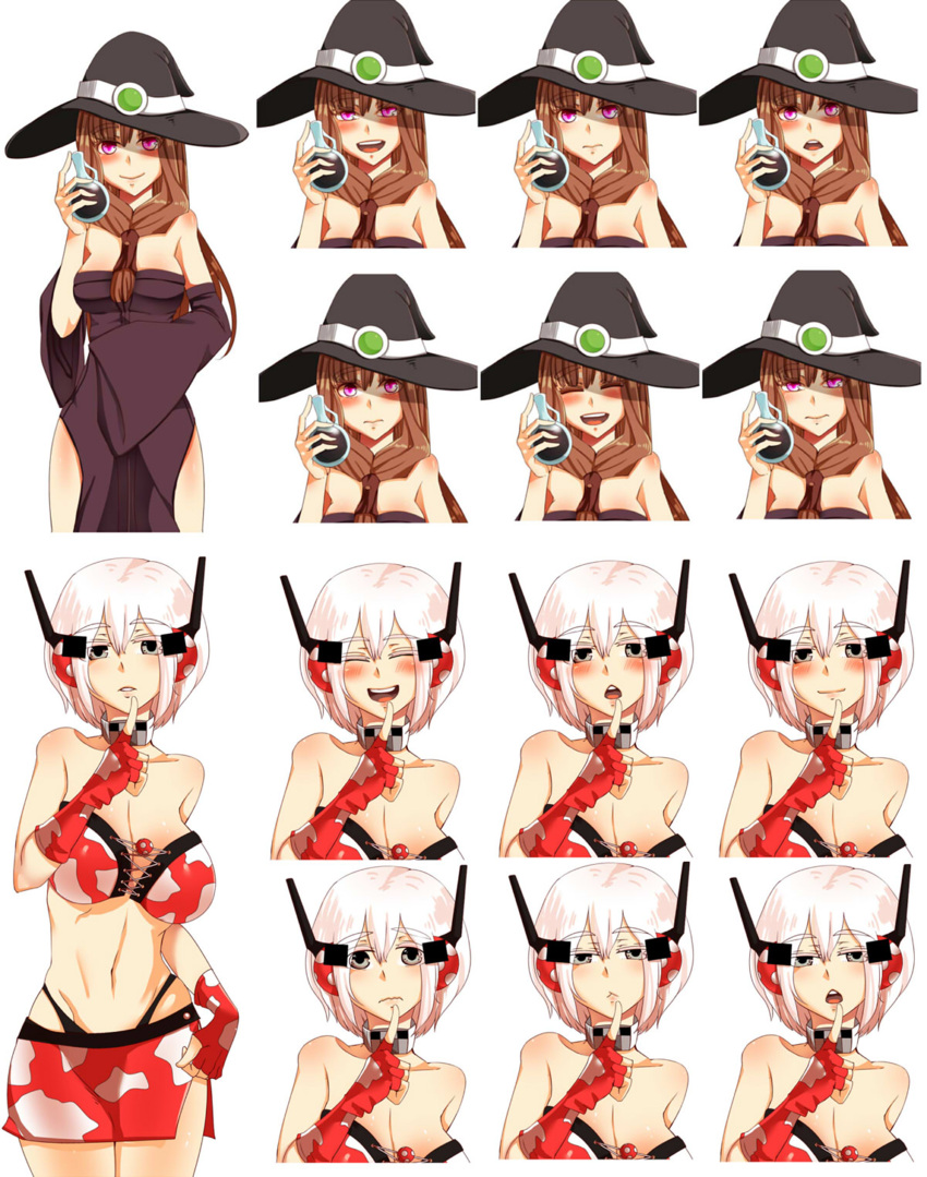 2girls absurdres at2. bare_shoulders black_headwear breasts brown_hair cleavage collarbone expressions grey_eyes hat highres large_breasts looking_at_viewer minecraft mooshroom multiple_girls personification potion purple_eyes short_hair white_hair witch_(minecraft) witch_hat