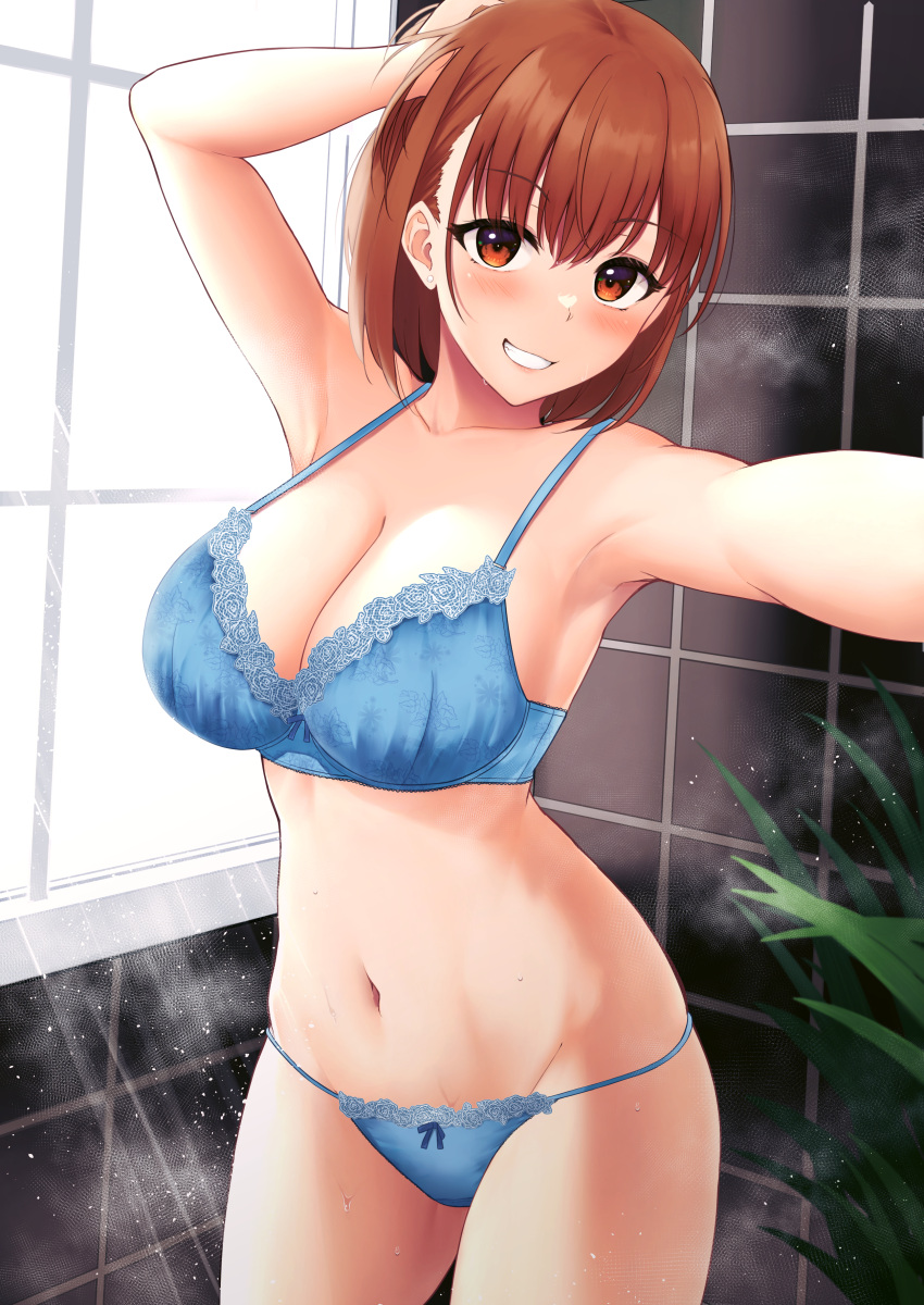 absurdres airi_(satosi) bare_shoulders blue_bra blue_panties blush bra breasts cleavage collarbone female highres large_breasts looking_at_viewer navel orange_eyes orange_hair original panties satosi short_hair smile solo thighs underwear