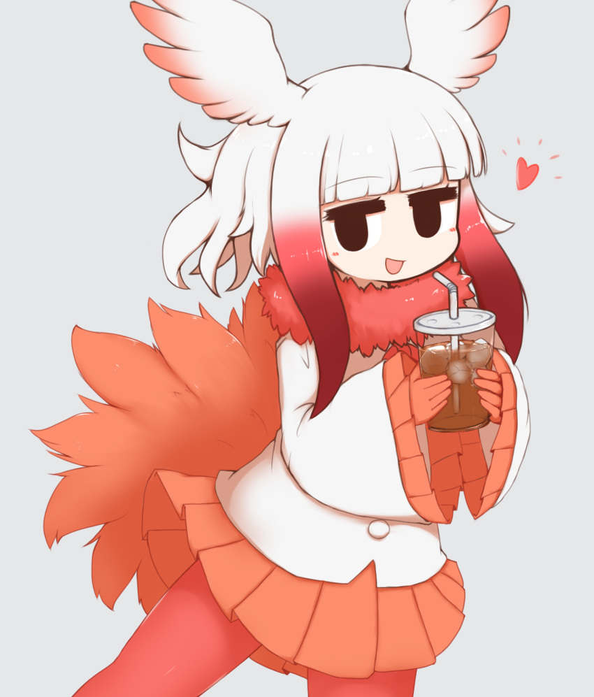 :d aticotta bad_id bad_pixiv_id black_eyes blunt_bangs blush commentary_request cup drinking_straw female gloves gradient_hair head_wings heart highres holding holding_cup ice ice_cube japanese_crested_ibis_(kemono_friends) jitome kemono_friends long_sleeves looking_at_viewer medium_hair multicolored_hair open_mouth pantyhose pleated_skirt red_gloves red_hair red_pantyhose red_skirt skirt smile solo white_hair wings