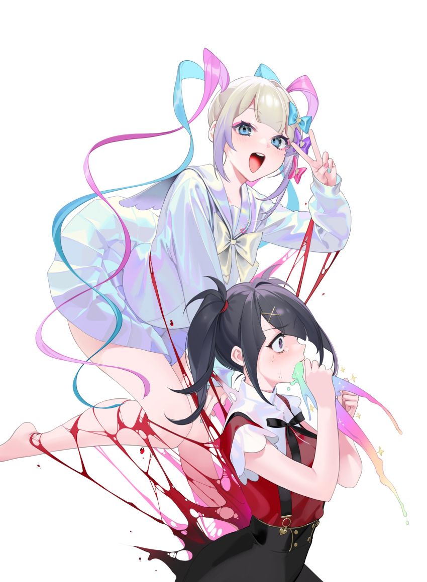 2girls ;d absurdres ame-chan_(needy_girl_overdose) barefoot black_hair black_ribbon blood blue_eyes blue_hair blush bow chouzetsusaikawa_tenshi-chan collared_shirt commentary_request cross_hair_ornament eyeshadow from_side hair_ornament highres holographic_clothing iridescent long_hair long_sleeves makeup multicolored_hair multicolored_nails multiple_girls nail_polish neck_ribbon needy_girl_overdose official_art ohisashiburi one_eye_closed open_mouth pastel_colors pink_eyeshadow pink_hair quad_tails ribbon sailor_collar school_uniform shirt short_sleeves simple_background skirt smile star_(symbol) suspender_skirt suspenders sweat sweatdrop tears teeth twintails vomiting_blood vomiting_rainbows yami_kawaii