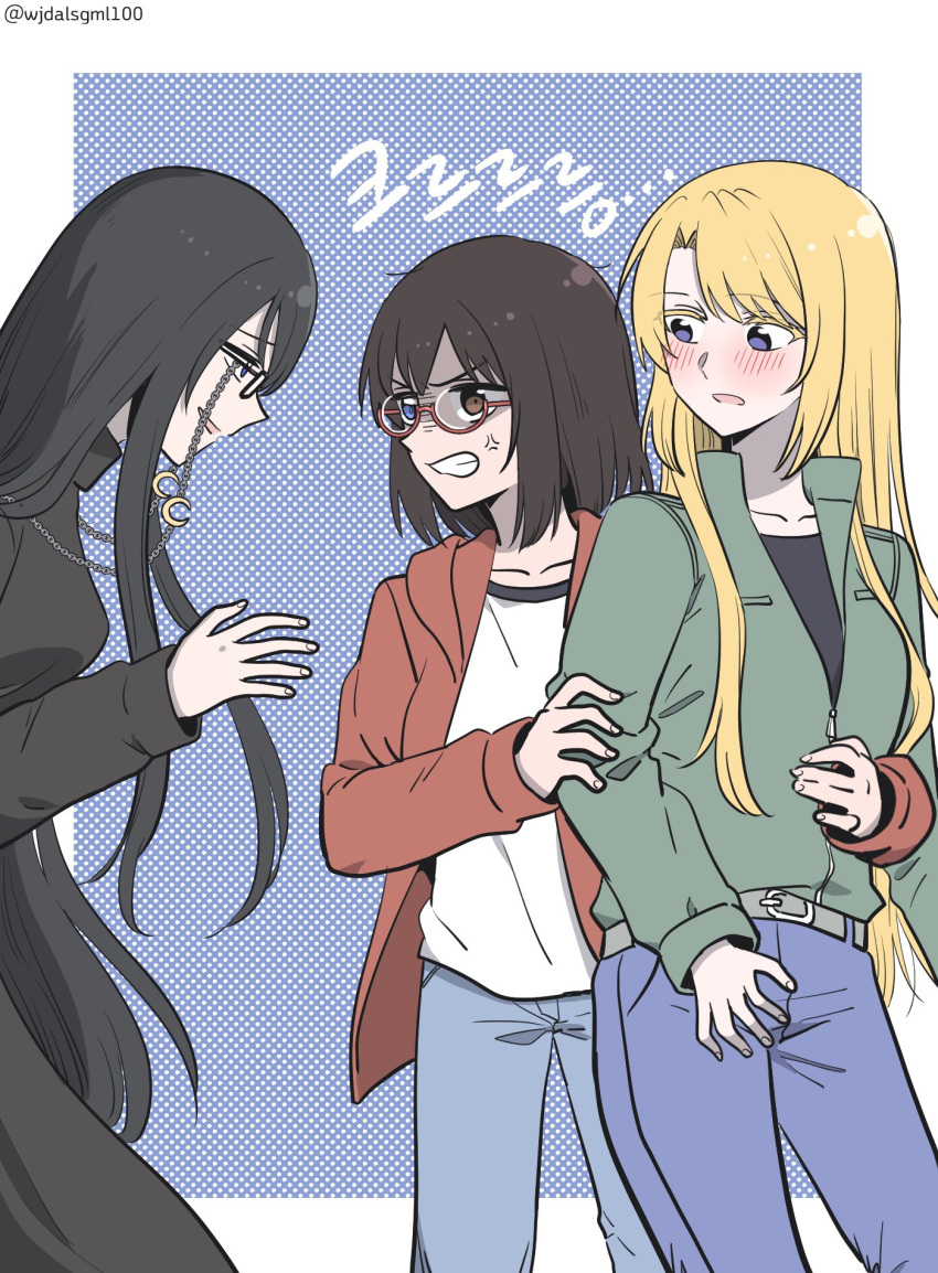 3girls anger_vein black_dress black_hair blonde_hair blue_eyes blush brown_hair crescent dress eyewear_strap glasses heterochromia highres hood hoodie jealous kamikoshi_sorawo korean_commentary kumaman long_hair multiple_girls nishina_toriko possessive rectangular_eyewear red_hoodie urasekai_picnic uruma_satsuki very_long_hair yuri