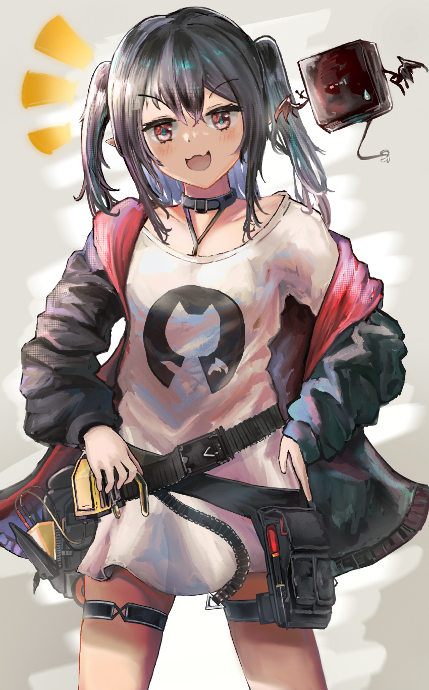 absurdres arknights bad_id bad_pixiv_id black_choker black_hair black_jacket blush choker closure_(arknights) commentary_request cowboy_shot female hachiko_(0088) hair_between_eyes highres jacket lambda_(arknights) lanyard long_hair long_sleeves looking_at_viewer open_clothes open_jacket open_mouth pointy_ears red_eyes shirt smile standing teardrop white_shirt