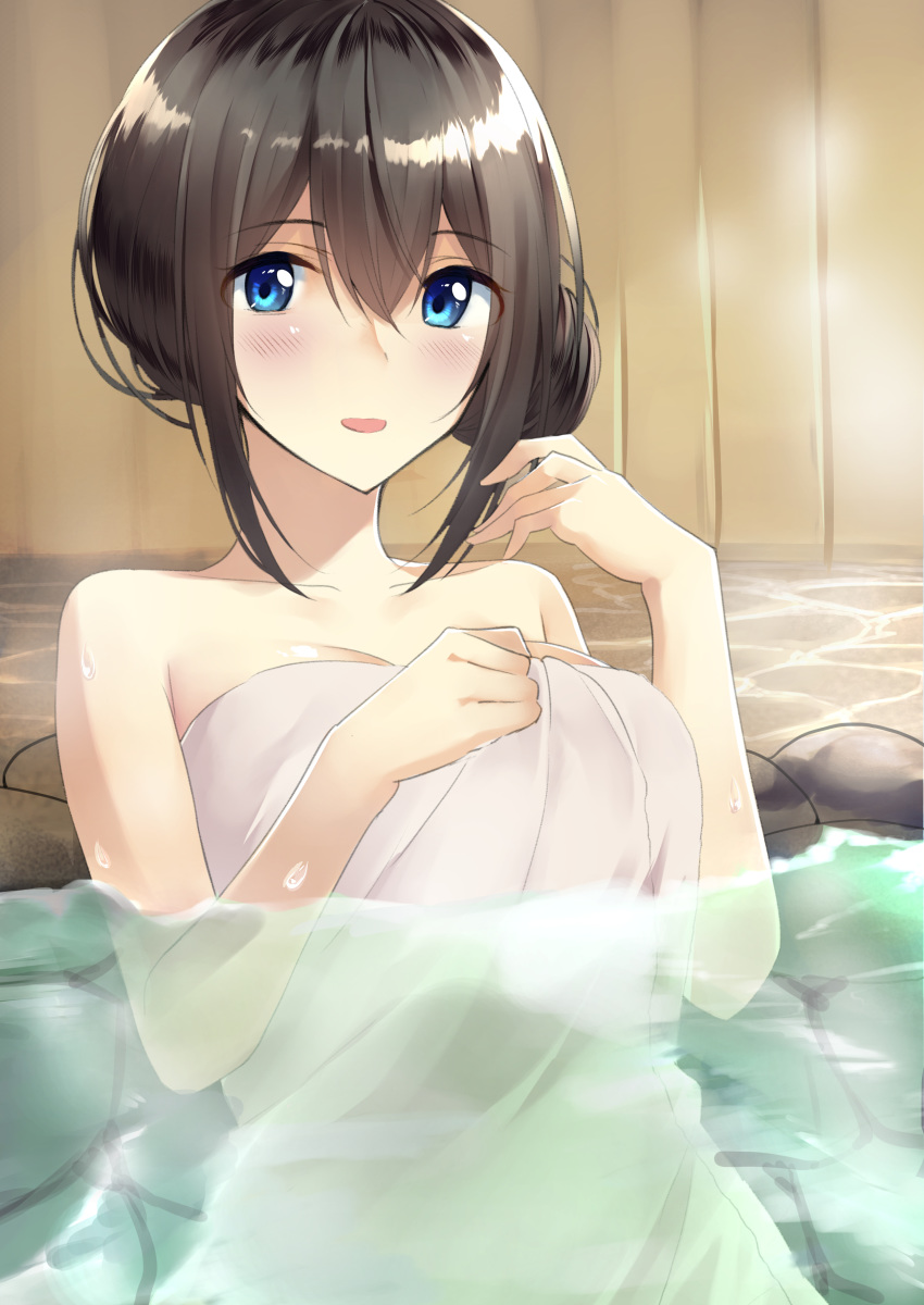 absurdres bare_shoulders bath bathing black_hair blue_eyes blush breasts cleavage collarbone commentary_request female hair_between_eyes hair_bun highres idolmaster idolmaster_cinderella_girls large_breasts long_hair looking_at_viewer megurumiru naked_towel onsen open_mouth partial_commentary rock sagisawa_fumika single_hair_bun single_side_bun smile solo towel water