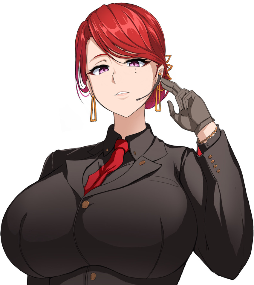 bad_id bad_pixiv_id bead_bracelet beads bracelet breasts earrings female formal gloves grey_gloves highres hongryeon_(last_origin) huge_breasts impossible_clothes jewelry large_breasts last_origin medium_hair microphone mole mole_under_eye necktie parted_lips pink_eyes red_hair red_necktie simple_background smile suit tied_hair upper_body waga_(user_ptfu4774) white_background