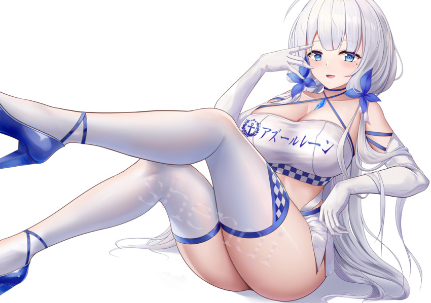 azur_lane bare_shoulders blue_choker blue_eyes blue_footwear breasts checkered_clothes checkered_legwear chinese_commentary choker cleavage commentary_request criss-cross_halter crop_top elbow_gloves female gloves halterneck hand_up high_heels illustrious_(azur_lane) large_breasts long_hair midriff mole mole_under_eye shenqi_(toid310) simple_background sitting solo thighhighs thighs very_long_hair white_background white_gloves white_hair white_thighhighs