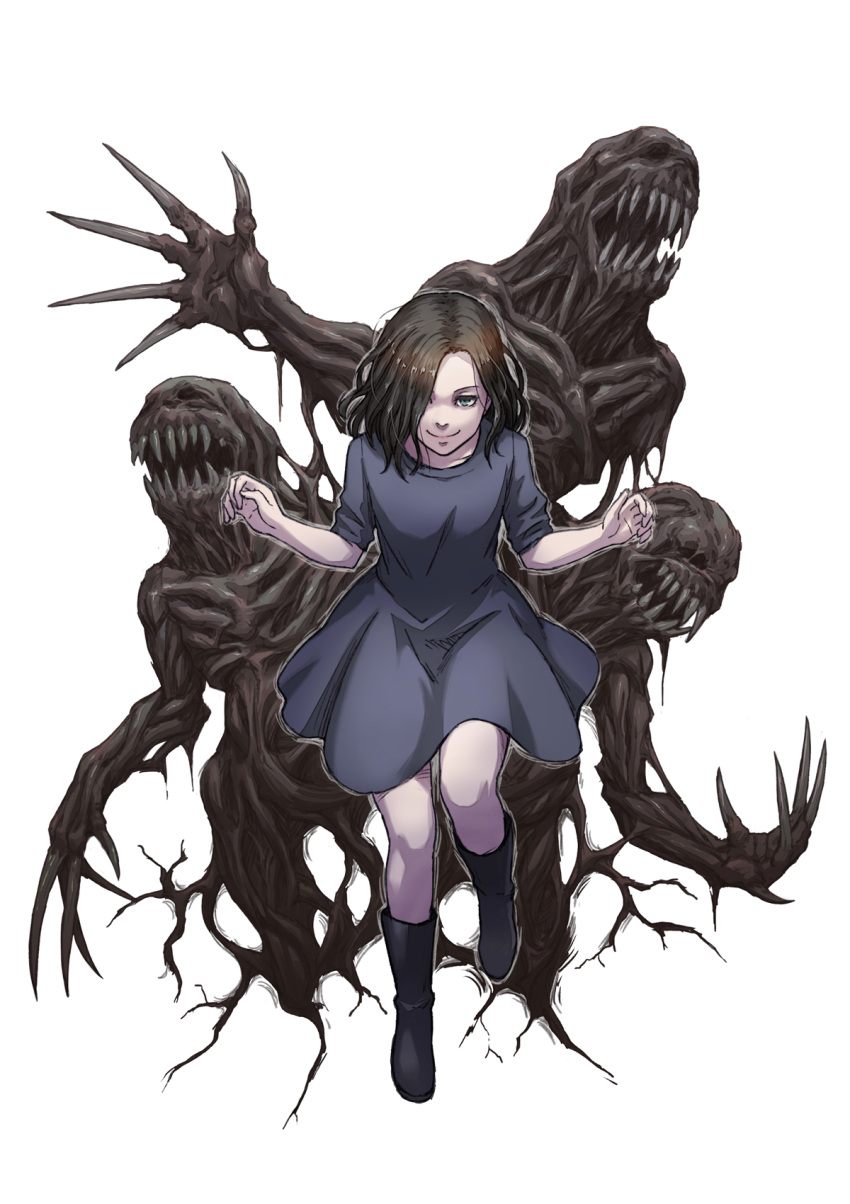 black_dress black_footwear black_hair claws dress eveline female full_body hair_over_one_eye highres medium_hair monster resident_evil resident_evil_7:_biohazard sharp_teeth shigumo_(shigeru) short_sleeves smile teeth