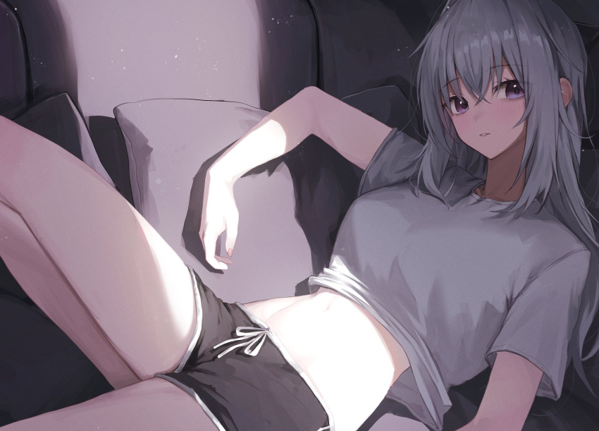 bare_legs black_shorts clothes_lift dolphin_shorts drawstring female grey_hair highres huhi_(huhi_1211) ine_(vtuber) knee_up long_hair looking_at_viewer lying midriff navel on_back parted_lips pillow purple_eyes shade shirt shirt_lift shirt_overhang short_shorts short_sleeves shorts solo stomach thighs virtual_youtuber waktaverse white_shirt