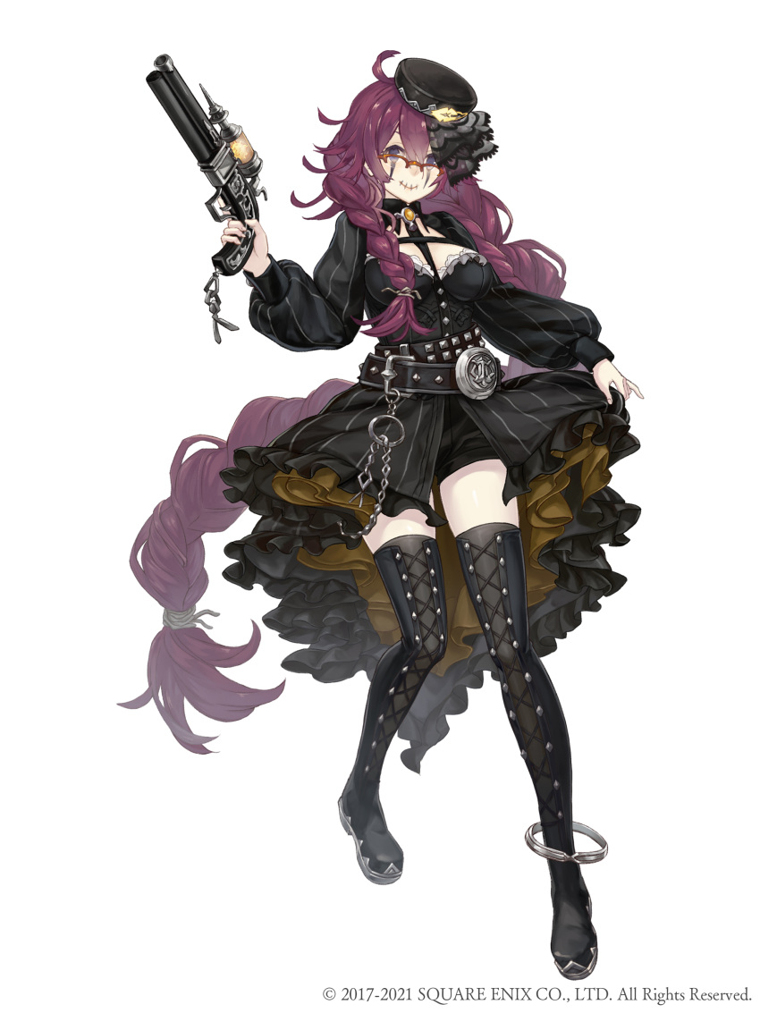 absurdres ahoge anklet asymmetrical_hair belt black_dress blue_eyes boots braid breasts chains clothes_lift dorothy_(sinoalice) dress dress_lift female frilled_dress frills full_body gun handgun hat highres holding holding_gun holding_weapon jewelry ji_no large_breasts long_hair looking_at_viewer makeup messy_hair official_art purple_hair sinoalice solo square_enix thigh_boots thighhighs twin_braids very_long_hair weapon white_background