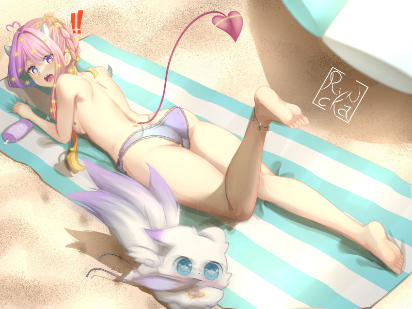 ! !! absurdres ahoge animal anklet artist_logo ass back barefoot beach beach_umbrella bikini blonde_hair blue_eyes braid clothes_theft commentary commission demon_horns demon_tail emberlith english_commentary feet female fox gradient_hair hair_ornament halo heart heart_ahoge heterochromia highres horns hoshi_(emberlith) indie_virtual_youtuber jewelry leg_up legs lying making-of_available multicolored_hair multiple_tails nail_polish no_wings oerba_yun_fang on_stomach open_mouth pink_hair purple_eyes purple_hair ryncka sand soles star-shaped_pupils star_(symbol) star_hair_ornament striped_towel sweatdrop swimsuit swimsuit_theft symbol-shaped_pupils tail theft thighs toes umbrella unworn_bikini_top virtual_youtuber white_bikini