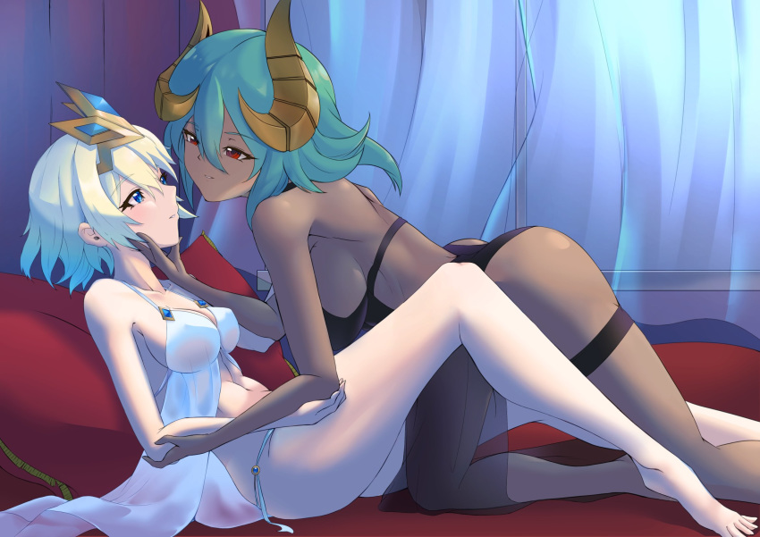 2girls ass barefoot bed blonde_hair blue_eyes breasts commentary curtains dark-skinned_female dark_skin deekei english_commentary fake_horns fire_emblem fire_emblem_heroes fjorm_(fire_emblem) from_side green_hair highres horns laegjarn_(fire_emblem) laegjarn_(summer)_(fire_emblem) multiple_girls pillow red_eyes short_hair underwear window yuri