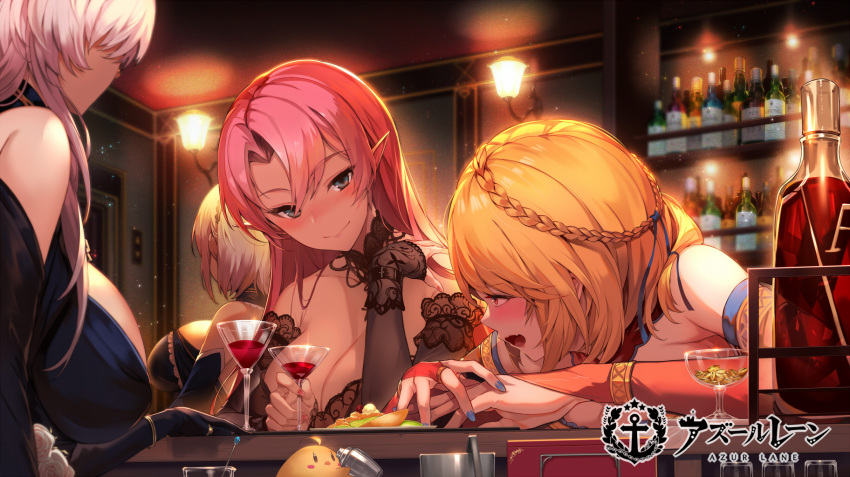 4girls alcohol azur_lane bar_(place) bare_shoulders belfast_(azur_lane) belfast_(the_noble_attendant)_(azur_lane) black_dress blonde_hair blue_dress blue_eyes blush braid breasts bridal_gauntlets cleavage cocktail_dress cocktail_glass crown_braid cup detached_sleeves dress drinking_glass drunk duke_of_york_(azur_lane) duke_of_york_(eternal_night's_carola)_(azur_lane) elbow_gloves evening_gown gloves hand_in_own_hair highres indoors kakage lace-trimmed_sleeves lace_trim large_breasts loading_screen long_hair manjuu_(azur_lane) multiple_girls nail_polish official_alternate_costume official_art open_mouth pointy_ears prince_of_wales_(azur_lane) short_hair sirius_(azur_lane) white_hair