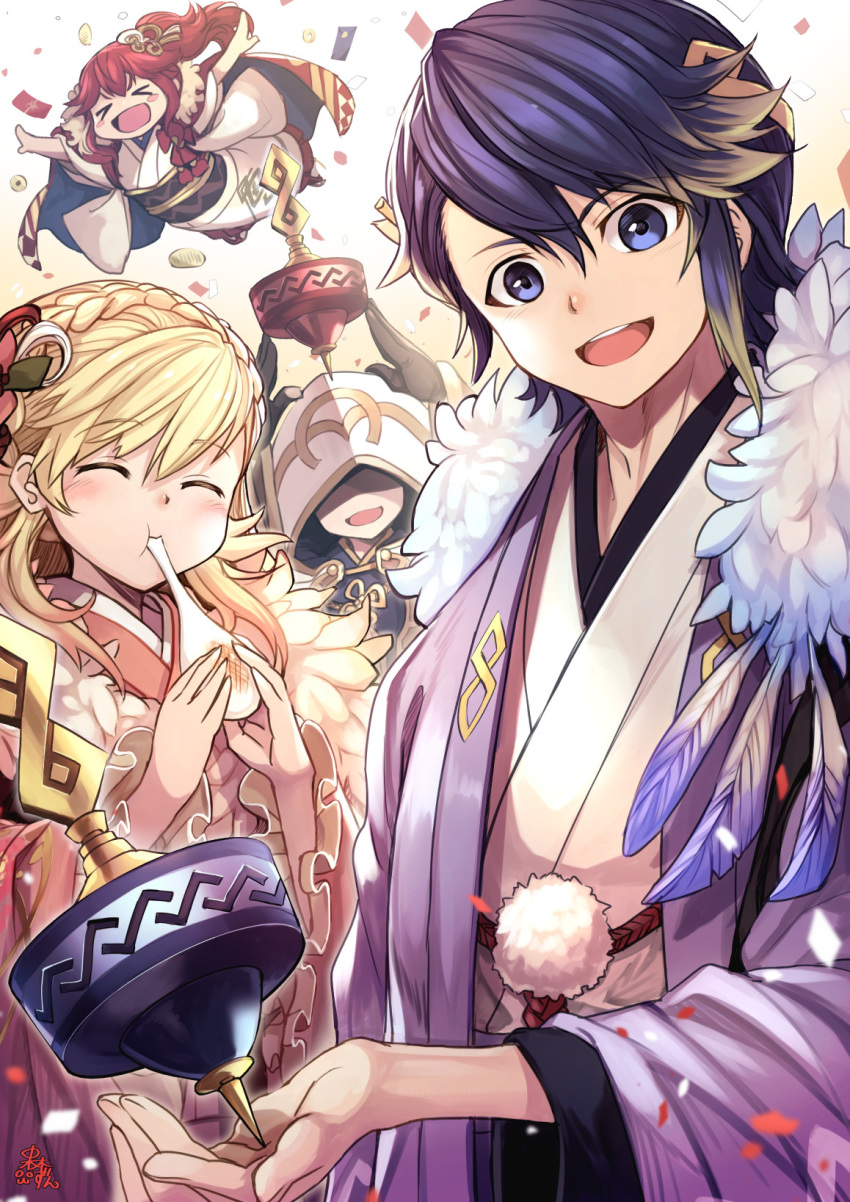 >_< 1boy 1other 2girls alfonse_(fire_emblem) alfonse_(new_year)_(fire_emblem) anna_(fire_emblem) anna_(new_year)_(fire_emblem) arms_up black_gloves blonde_hair blue_eyes blue_hair blush_stickers braid brother_and_sister closed_eyes crown_braid eating fire_emblem fire_emblem_heroes food gloves gradient_hair hair_ornament highres holding hood hood_up japanese_clothes kimono kiran_(fire_emblem) long_hair mochi multicolored_hair multiple_girls nakabayashi_zun obi open_mouth outstretched_arms pink_hair ponytail red_hair sash sharena_(fire_emblem) sharena_(new_year)_(fire_emblem) short_hair siblings spread_arms