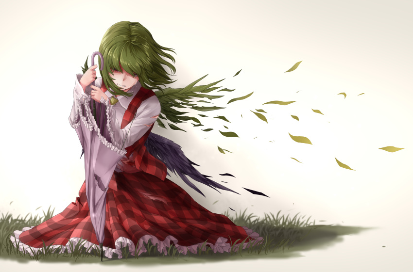 absurdres bad_id bad_pixiv_id clenched_teeth commentary_request feathered_wings female green_hair grey_background hands_up highres holding holding_umbrella kamiya_ueshi kazami_yuuka long_sleeves petticoat plaid plaid_skirt plaid_vest planted planted_umbrella purple_umbrella red_eyes red_skirt red_vest shirt short_hair sitting skirt skirt_set solo tears teeth touhou umbrella vest white_shirt wings