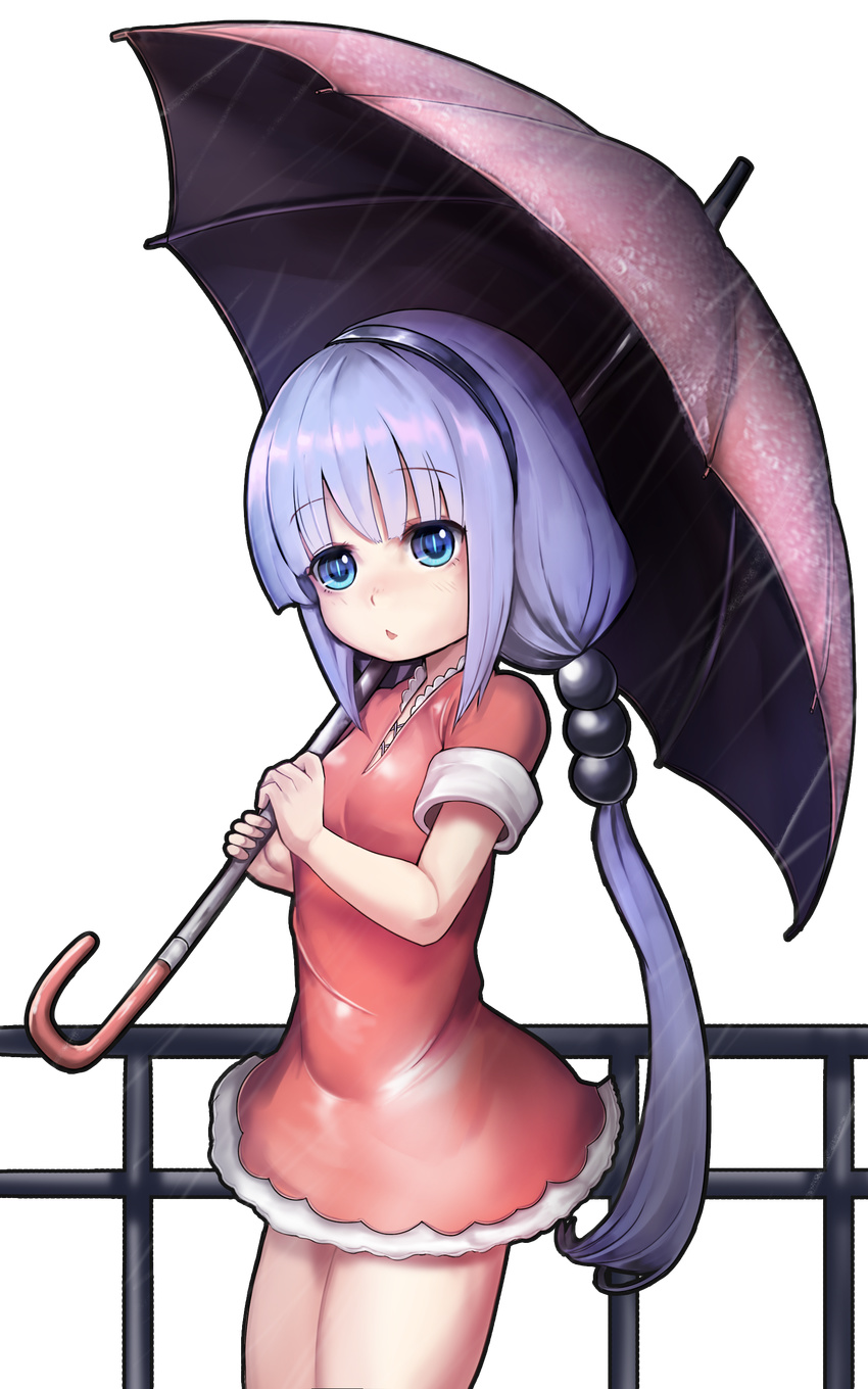 absurdres blue_eyes commentary dress female hair_bobbles hair_ornament hairband highres holding kanna_kamui kobayashi-san_chi_no_maidragon light_purple_hair long_hair looking_at_viewer low_twintails moonbo parted_lips rain red_dress simple_background slit_pupils solo transparent_background twintails umbrella