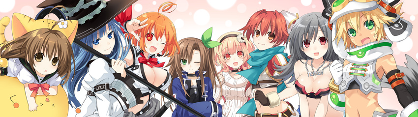 >_< 6+girls :d ;) ;d absurdres ahoge antenna_hair aran_sweater arm_belt bare_shoulders bell belt blonde_hair blue_eyes blue_hair blush bow bowtie breasts broccoli_(neptunia) brown_eyes brown_gloves brown_hair cable_knit character_name choker choujijigen_game_neptune_re;birth_1 cleavage closed_eyes collarbone compa crop_top cyberconnect2 dark-skinned_female dark_skin eighth_note falcom_(neptunia) fingerless_gloves flower game_cg gloves goggles green_eyes grey_hair hair_bell hair_ornament hair_ribbon hairband hat heart highres if_(neptunia) jacket jewelry juliet_sleeves large_breasts light_smile lineup long_hair long_sleeves looking_at_viewer mages. marvelousaql_(neptunia) midriff mole mole_under_eye multiple_girls musical_note musical_note-shaped_pupils navel necklace neptune_(series) official_art one_eye_closed open_mouth orange_eyes orange_hair pink_hair puffy_sleeves red_hair ribbon sailor_collar shirt short_hair short_sleeves sleeveless sleeveless_shirt sleeves_past_wrists smile staff sweater symbol-shaped_pupils tail tekken_(neptunia) triangle_mouth tsunako w white_gloves wide_sleeves witch_hat