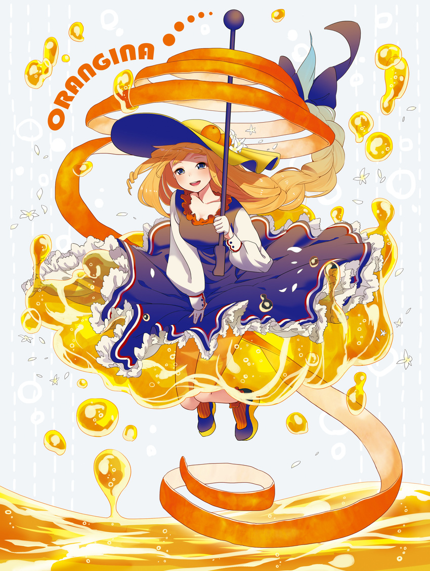 blue_eyes blush bow braid character_name commentary_request dress female flower food fruit hairbow hat hat_flower highres juice jumping long_hair looking_at_viewer open_mouth orange_(fruit) orange_blossoms orange_hair orange_juice orange_peel orangina personification photoshop_(medium) sheep_sleep single_braid smile solo umbrella