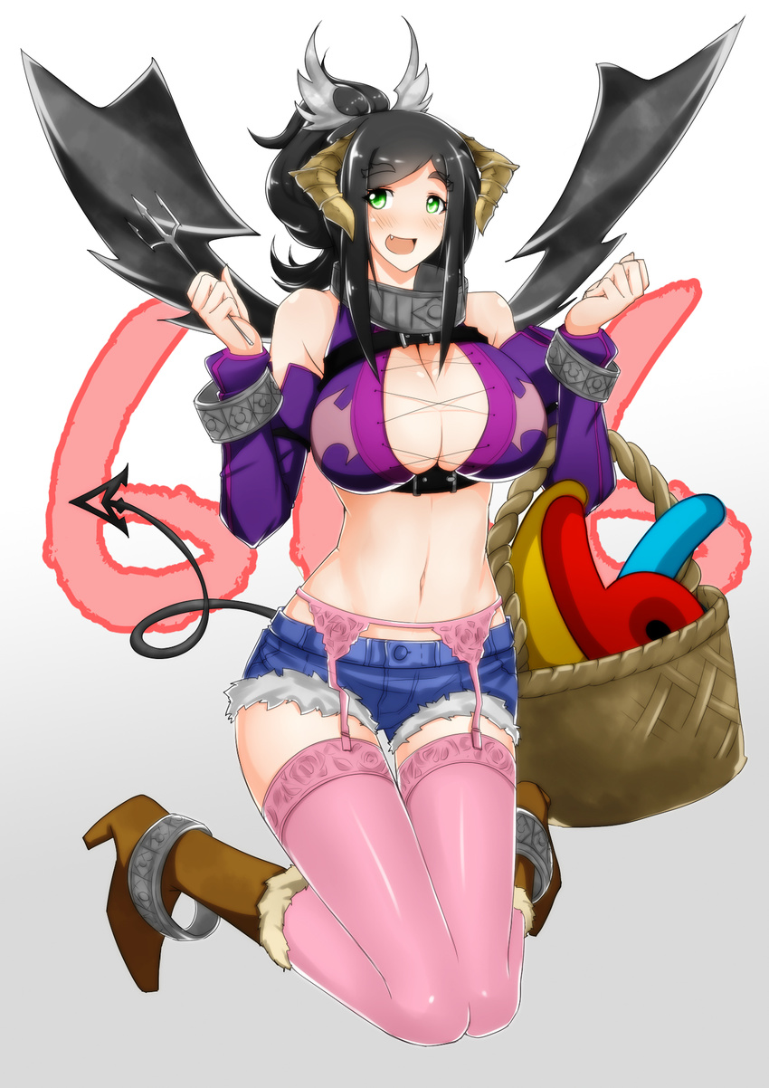 666 :d black_hair blush boots bracelet breasts brown_footwear cleavage commentary cutoffs demon_girl demon_horns demon_tail demon_wings detached_sleeves female fork full_body garter_belt green_eyes hair_ornament high_heel_boots high_heels highres horns jewelry knees_together_feet_apart large_breasts looking_at_viewer megatama navel oerba_yun_fang open_mouth original photoshop_(medium) picnic_basket pink_thighhighs ponytail short_shorts shorts sidelocks smile solo stomach symbol-only_commentary tail thighhighs wings