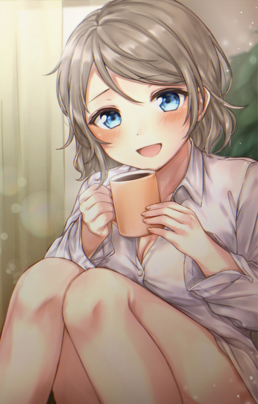 :d bad_id bad_pixiv_id bare_legs blue_eyes breasts brown_hair cleavage coffee coffee_mug collared_shirt cup curtains dress_shirt feet_out_of_frame female grey_shirt highres holding holding_cup indoors knees_together_feet_apart knees_up long_sleeves looking_at_viewer love_live! love_live!_sunshine!! medium_breasts medium_hair mkzk_nagi mug no_pants open_mouth shirt sitting smile solo sparkle swept_bangs watanabe_you wing_collar