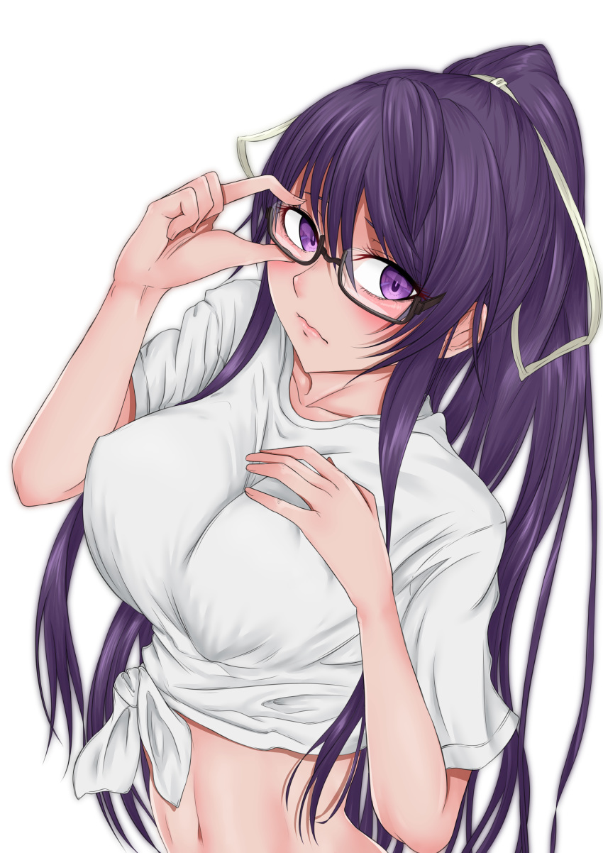 absurdres adjusting_eyewear blush breasts closed_mouth collarbone commentary_request covered_nipples crop_top female glasses hair_ribbon hand_on_own_chest highres kana_kinoko kanzaki_kaori large_breasts long_hair looking_at_viewer navel ponytail purple_eyes purple_hair ribbon semi-rimless_eyewear shirt short_sleeves sidelocks simple_background solo t-shirt tied_shirt toaru_majutsu_no_index under-rim_eyewear upper_body white_background white_ribbon white_shirt