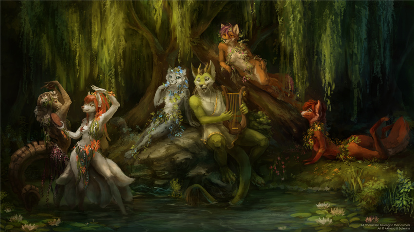 anthro canid canine clothed clothing convenient_censorship dancing dragon felid female fox group hair harp horn lily_pad male mammal mostly_nude musical_instrument mythological_creature mythological_scalie mythology nymph open_mouth outside plant plucked_string_instrument reclining rock saterina scalie sitting string_instrument tail tree water