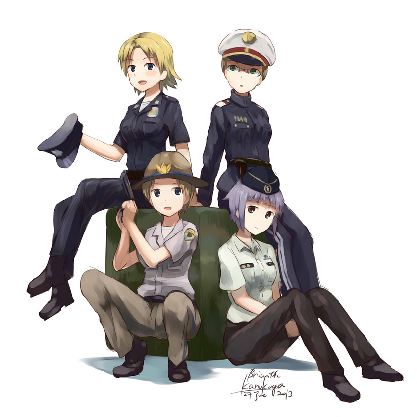 4girls ar18_(upotte!!) artist_name blonde_hair blue_eyes california_highway_patrol campaign_hat commentary_request dated fnc_(upotte!!) garrison_cap glasses green_eyes gun handgun hat holding holding_clothes holding_hat kanokoga looking_at_viewer los_angeles_police_department m16a4_(upotte!!) multiple_girls pencil_skirt photoshop_(medium) police police_badge police_hat police_uniform policewoman purple_eyes purple_hair short_hair sitting skirt steyr_aug_(upotte!!) uniform unworn_hat unworn_headwear upotte!! weapon