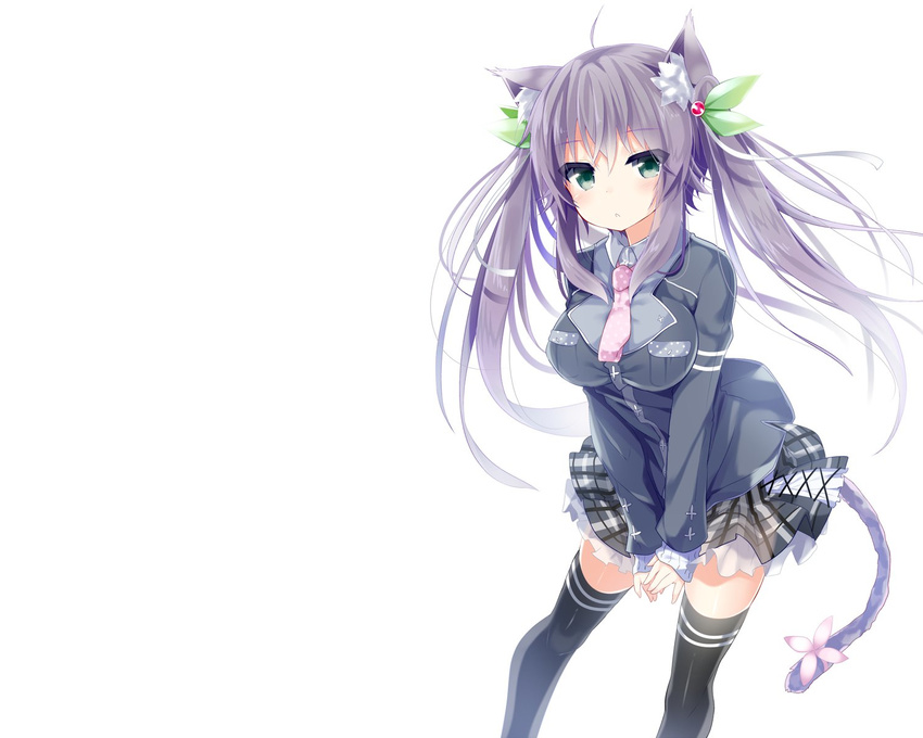 animal_ears blush breasts cat_girl female female green_eyes grey_hair highres kazu_kakao long_hair looking_at_viewer original school_uniform skirt solo standing tail thighhighs white yukaribe_setsuko