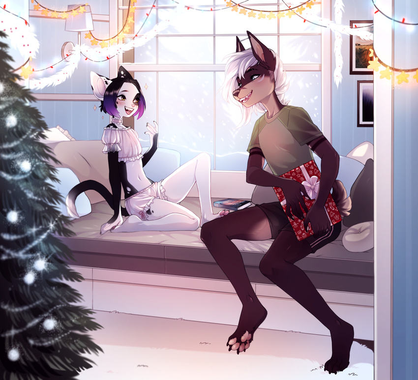 anthro bed black_body black_fur blue_eyes blush book bottomwear brown_body brown_fur canid canine canis choker christmas christmas_lights christmas_tree clothed clothing crop_top crossdressing digital_media_(artwork) dobermann domestic_cat domestic_dog duo ear_piercing esben eye_contact felid feline felis femboy frenky_hw fur furgonomics furniture gift green_eyes hair heterochromia hi_res holidays inside jewelry lights looking_at_another male mammal markings multicolored_body multicolored_fur necklace open_mouth pawpads piercing pillow pinscher plant shaded shion_(kaiyaruki) shirt shorts sitting smile sparkles spots spotted_body spotted_fur stripes tan_body tan_fur topwear tree two_tone_body two_tone_fur white_body white_fur window window_seat yellow_eyes