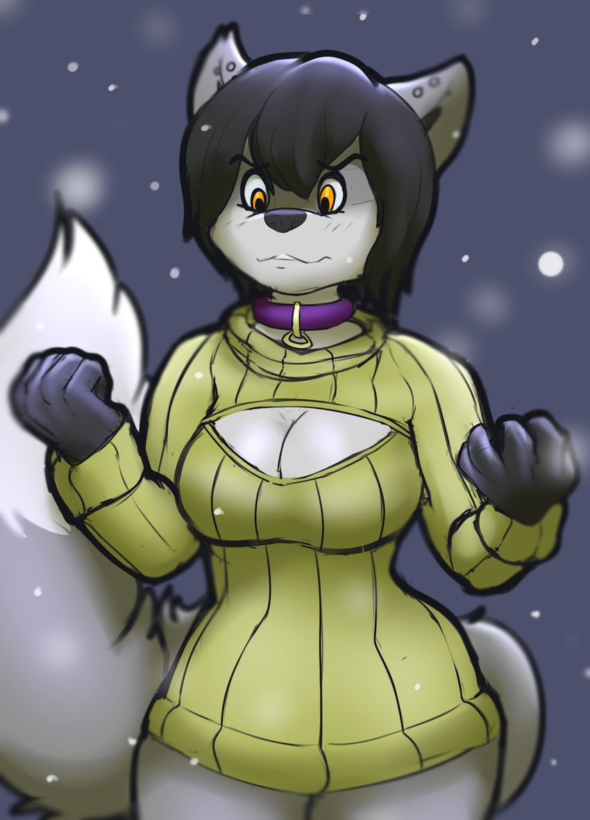 anthro avoid_posting breasts canid canine canis cleavage cleavage_cutout clothed clothing collar cutout digital_media_(artwork) ear_piercing female fox hair heart_symbol hi_res keyhole_turtleneck mammal piercing solo sweater tacoyaki topwear turtleneck wolf yuki_(tacoyaki)