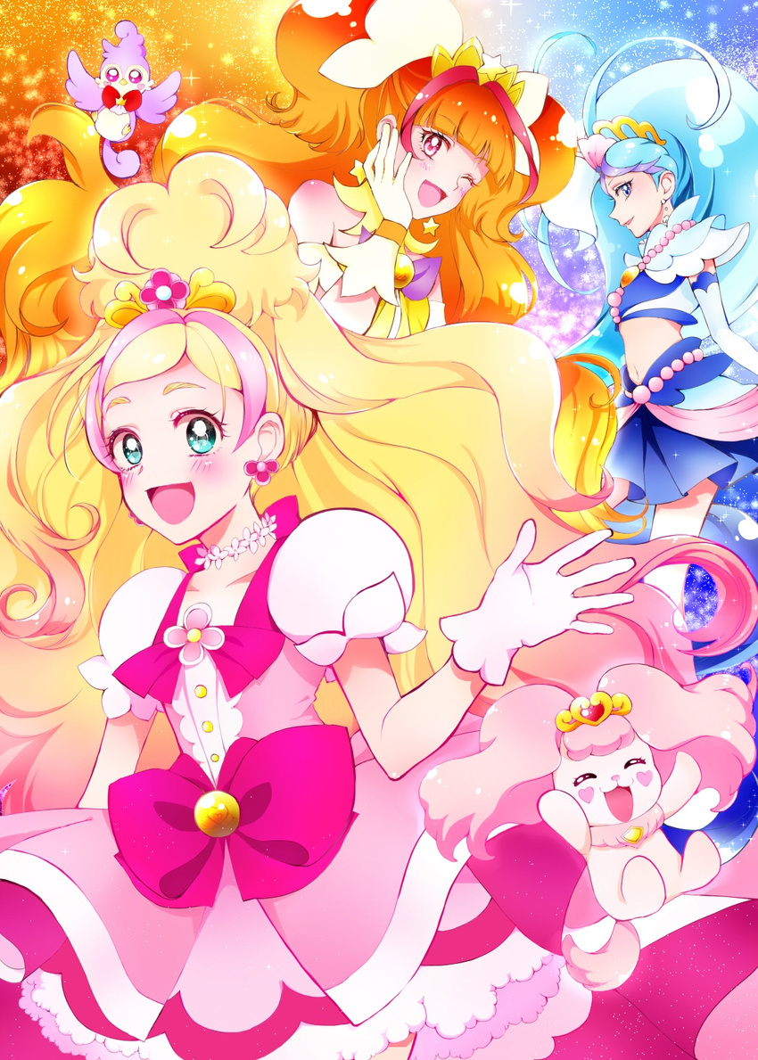 3girls amanogawa_kirara aqua_eyes aroma_(go!_princess_precure) blonde_hair blue_eyes blue_hair blush bow choker closed_eyes commentary_request cure_flora cure_mermaid cure_twinkle earrings flower_earrings gloves go!_princess_precure hand_on_own_cheek hand_on_own_face haruno_haruka highres jewelry kaidou_minami long_hair looking_at_viewer magical_girl midriff mikan_(mikataaaa) multicolored_hair multiple_girls navel one_eye_closed orange_hair pink_bow pink_eyes pink_hair precure puff_(go!_princess_precure) puffy_short_sleeves puffy_sleeves purple_hair quad_tails red_hair shell shell_earrings short_sleeves skirt smile star_(symbol) star_earrings streaked_hair twintails two-tone_hair waist_bow white_gloves