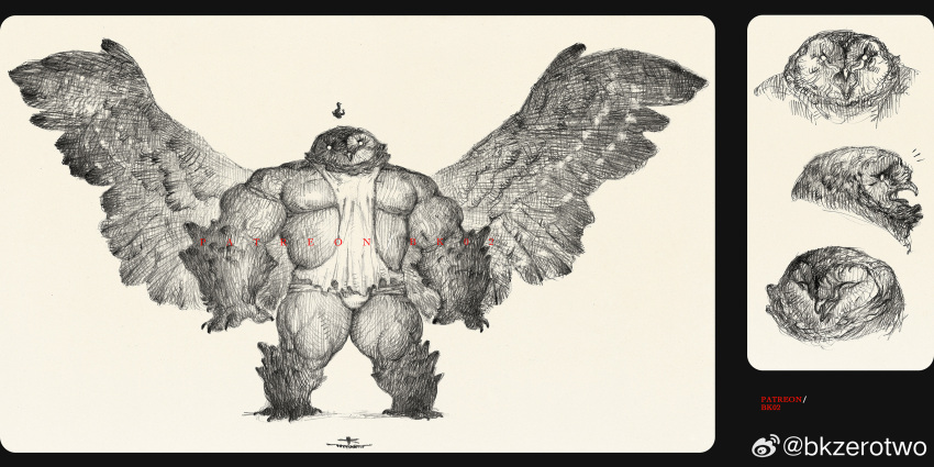 1boy bara bare_pectorals belly bk_zerotwo blank_eyes bulge full_body graphite_(medium) greyscale highres large_pectorals male_focus monochrome multiple_views muscular muscular_male nipples original owlbear paid_reward_available pectorals spread_wings standing thick_arms thighs_together traditional_media white_background