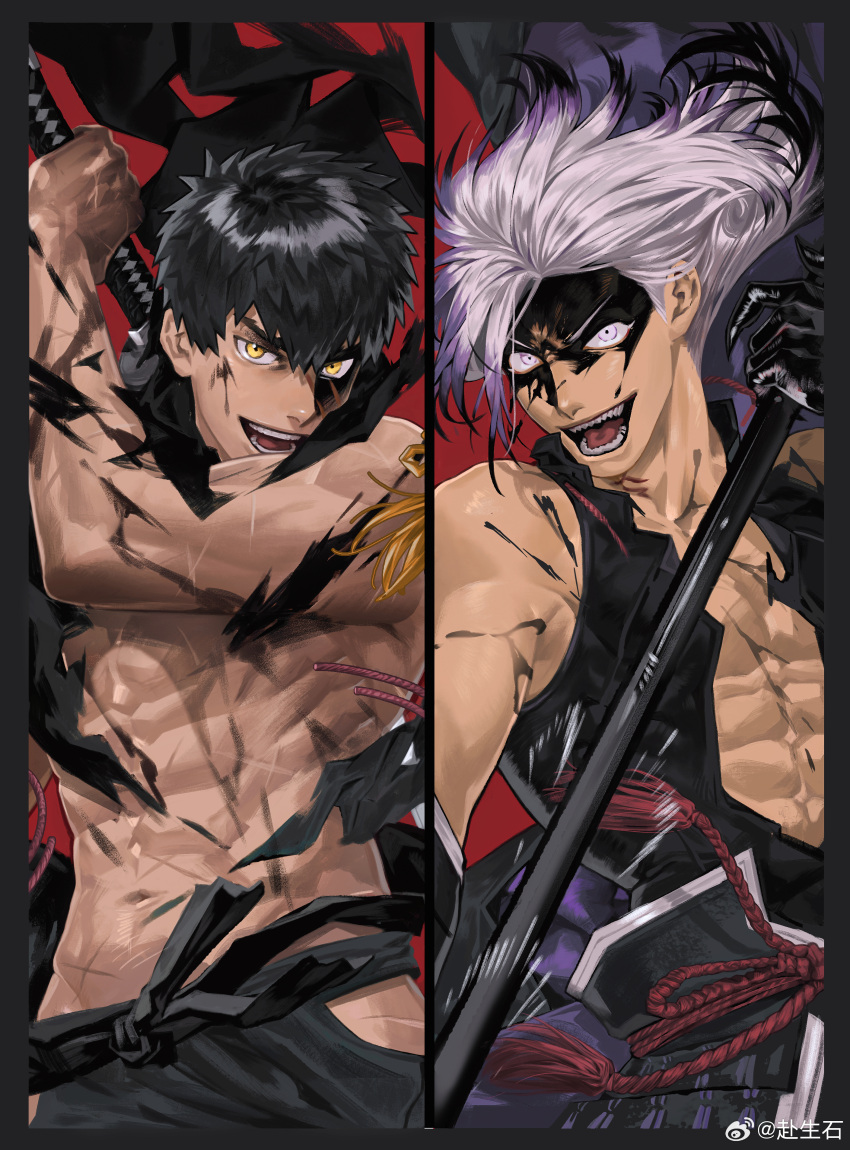 2boys :d abs absurdres bannriishi black_hair character_request cowboy_shot doudanuki_masakuni duel fighting_stance highres holding holding_sword holding_weapon looking_at_viewer male_focus multiple_boys pectoral_cleavage pectorals purple_hair ready_to_draw sanpaku short_hair smile split_screen sword tearing_clothes toned toned_male torn_clothes touken_ranbu weapon yellow_eyes