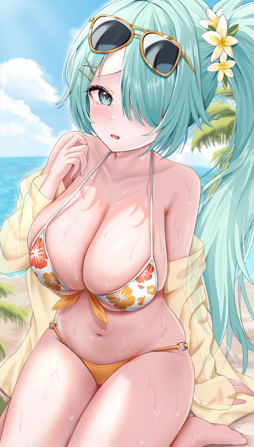 absurdres aqua_eyes bikini blue_archive blush breasts eyewear_on_head female flower hair_flower hair_ornament hair_over_one_eye hairclip highres hiyori_(blue_archive) hiyori_(swimsuit)_(blue_archive) large_breasts long_hair looking_at_viewer navel outdoors solo sunglasses swimsuit uni_ikura wet