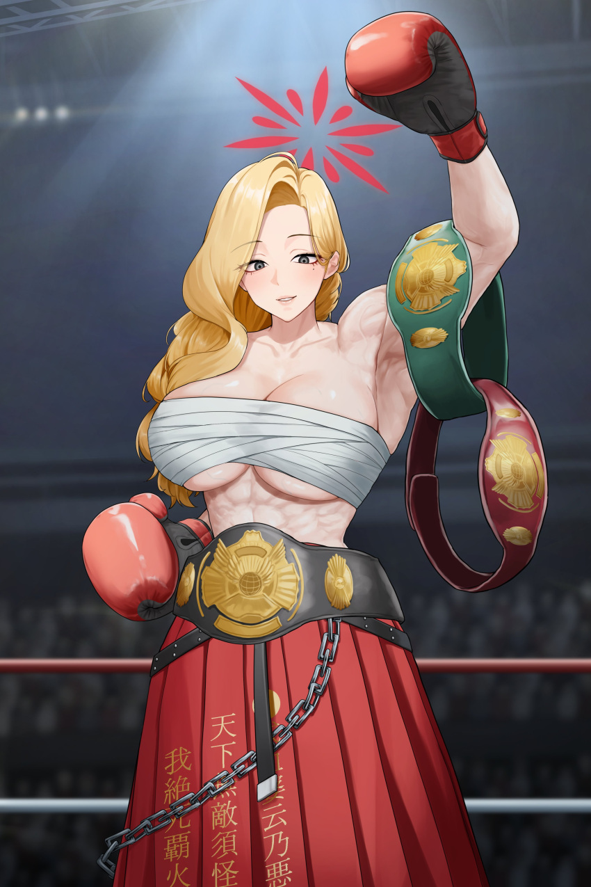 abs absurdres akemi_(blue_archive) biceps blonde_hair blue_archive boxing boxing_gloves boxing_ring breasts championship_belt chest_sarashi delinquent female fluffy_hair gloves greatspirite halo highres large_breasts long_hair looking_at_viewer mole mole_under_eye muscular muscular_female navel red_gloves red_halo red_skirt sarashi simple_background skirt solo sukeban