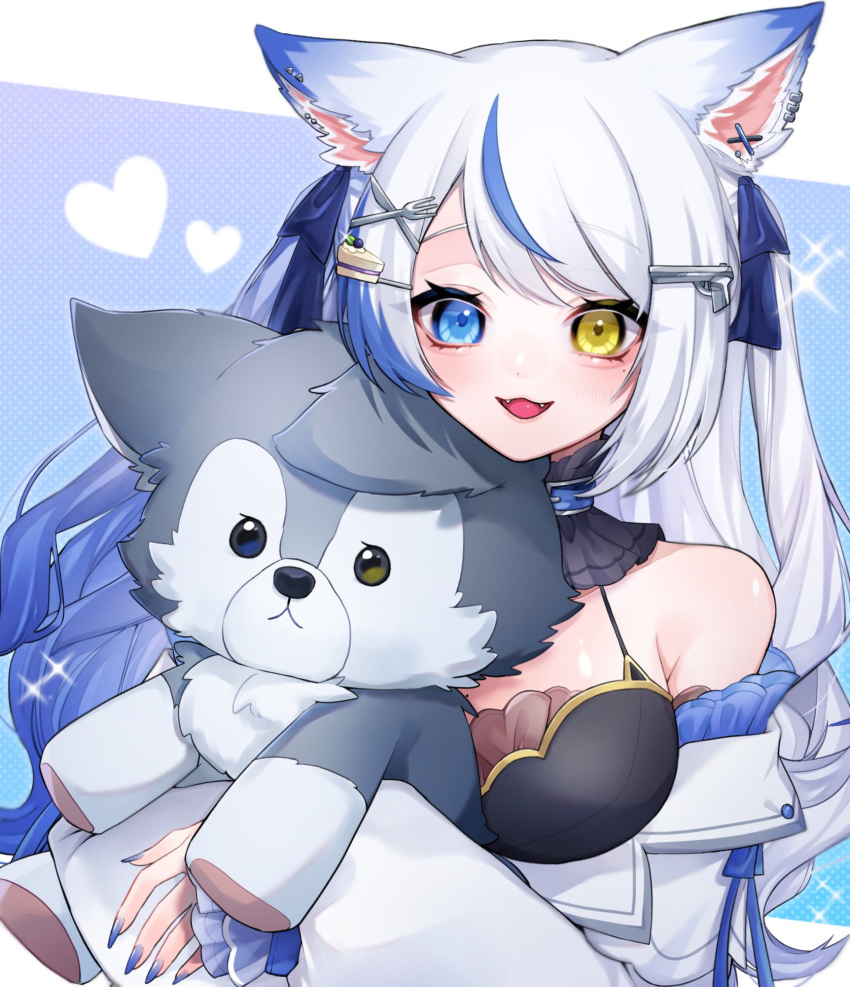 animal_collar black_ribbon blue_collar blue_eyes blue_hair breasts cake_hair_ornament collar earrings fangs female food-themed_hair_ornament fork_hair_ornament hair_ornament hair_ribbon heart heterochromia highres holding holding_stuffed_toy indie_virtual_youtuber jacket jewelry knife_hair_ornament long_hair lulebel mole mole_under_eye multicolored_hair off_shoulder open_mouth purple_nails ribbon sparkle streaked_hair stuffed_animal stuffed_toy virtual_youtuber white_hair white_jacket yellow_eyes yki_3