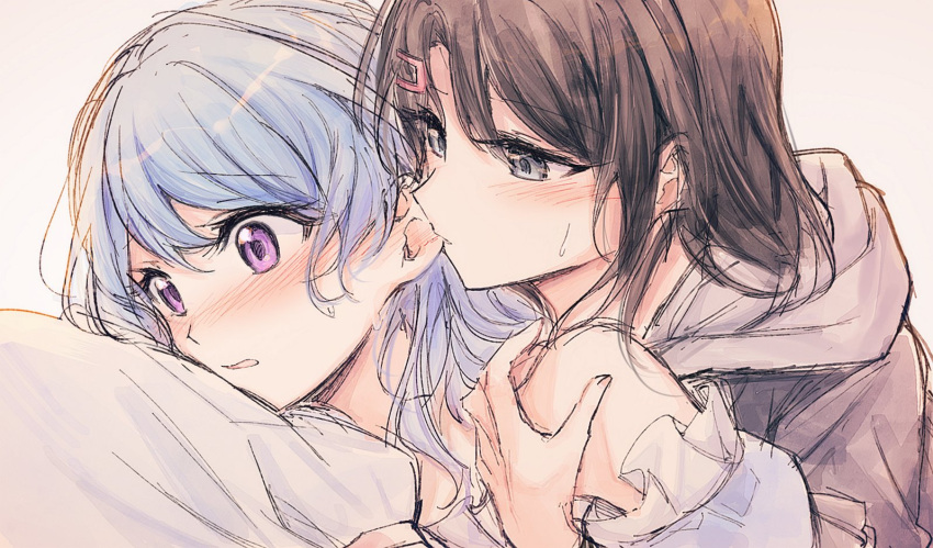 2girls bang_dream! black_hair blue_hair blush grey_eyes grey_hoodie hair_ornament hairclip hood hood_down hoodie hug hug_from_behind long_hair lying matsubara_kanon medium_hair multiple_girls off_shoulder okusawa_misaki on_stomach open_mouth opi purple_eyes shirt sidelocks sweatdrop whispering white_shirt yuri