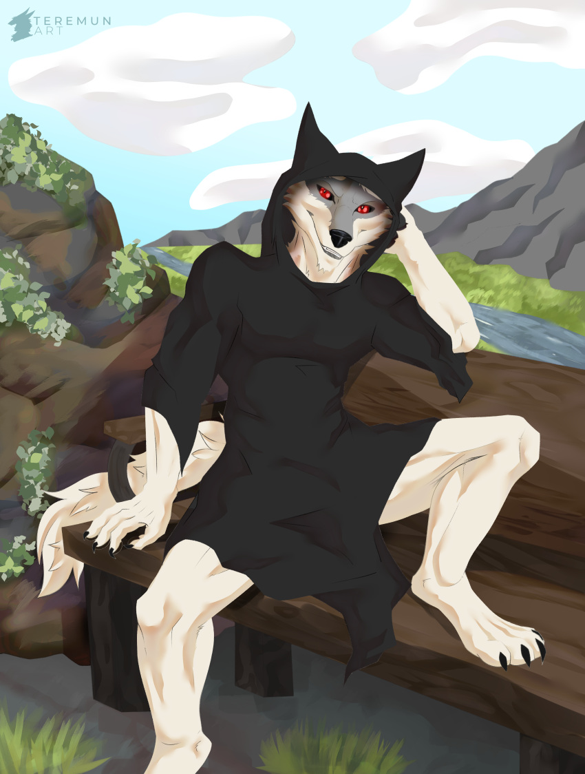 absurd_res anthro athletic athletic_anthro bench black_clothing black_coat black_topwear canid canine canis clothed clothing coat death_(puss_in_boots) dreamworks fur grey_body hi_res looking_at_viewer male mammal muscular muscular_anthro muscular_male nipples nude on_bench outside pecs puss_in_boots_(character) puss_in_boots_(dreamworks) red_eyes sitting smile smirk solo tail teeth teremunart topwear white_body white_fur wolf