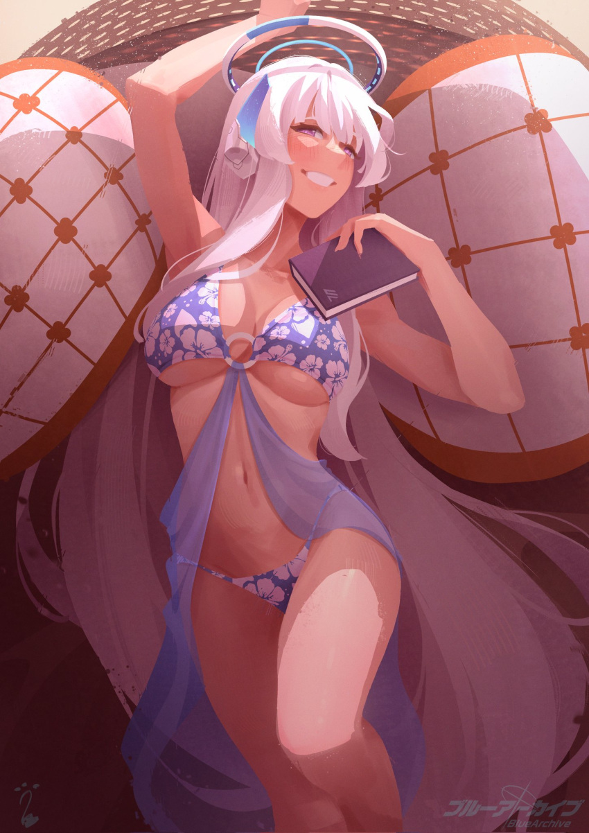 arm_up bikini blue_archive blue_bikini blush book breasts collarbone commentary copyright_name female floral_print_bikini grin halo headphones highres holding holding_book large_breasts long_hair looking_at_viewer lying mechanical_halo navel noa_(blue_archive) o-ring o-ring_bikini o-ring_top on_back purple_eyes smile solo stomach sushoartworks swimsuit very_long_hair white_hair