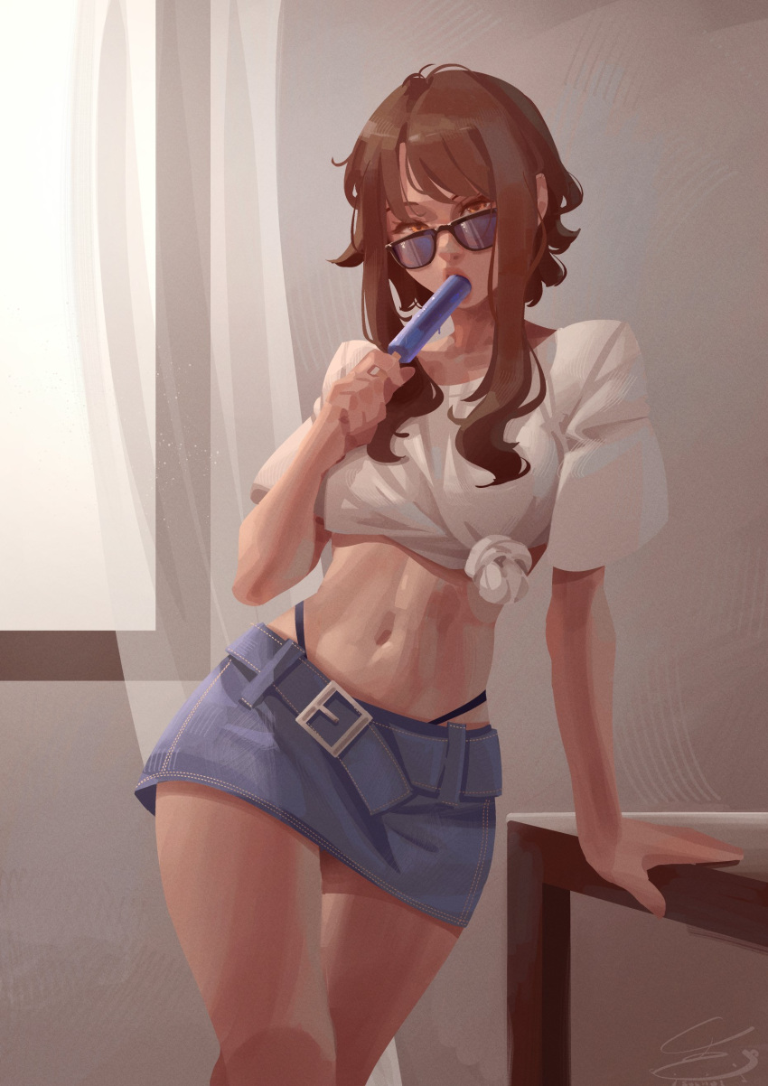 absurdres arm_support black_panties breasts brown_hair commentary curtains denim denim_shorts english_commentary female food food_in_mouth glasses highleg highleg_panties highres holding holding_food holding_popsicle indoors looking_at_viewer medium_breasts navel orange_eyes original panties popsicle popsicle_in_mouth shirt short_hair_with_long_locks short_sleeves shorts sidelocks solo standing stomach sunglasses sushoartworks table tied_shirt underwear white_shirt window