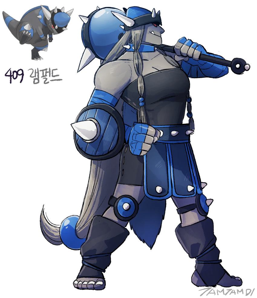 artist_name black_shirt blue_gloves breasts cleavage clenched_hand colored_skin fake_horns female fingerless_gloves full_body gloves grey_hair grey_skin helmet highres holding holding_mace holding_weapon horned_helmet horns knee_spikes korean_commentary long_hair mace muscular muscular_female oerba_yun_fang over_shoulder personification pokemon pokemon_(creature) rampardos red_eyes reference_inset shirt simple_background spiked_mace spikes standing tamtamdi toeless_footwear toenails translated very_long_hair viking weapon weapon_over_shoulder white_background