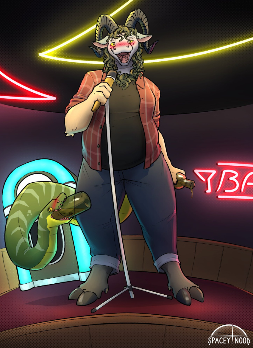 alcohol alcohol_bottle anthro bar beverage blush bottle bovid caprine chimera clothed clothing container drunk electronics female fur goat hi_res holding_object hooves horn inside jukebox karaoke living_tail looking_at_viewer mammal mane microphone neon_lights open_mouth reptile scales scalie scent_gland signature snake solo spacey_nood standing substance_intoxication tail tail_head unhinged_jaw unusual_anatomy unusual_tail yellow_eyes