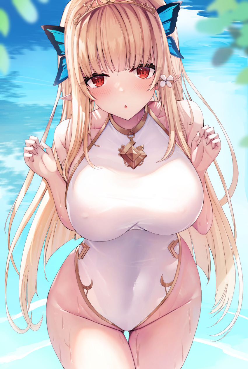 bare_shoulders blonde_hair blurry blurry_background blush breasts butterfly_hair_ornament covered_navel covered_nipples elf female flower hair_flower hair_ornament highleg highres large_breasts liya long_hair looking_at_viewer one-piece_swimsuit original pointy_ears red_eyes solo swimsuit tiara white_one-piece_swimsuit