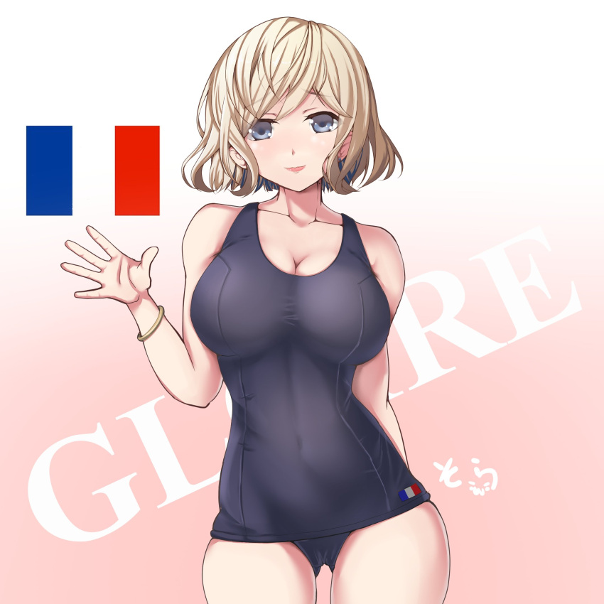 ass_visible_through_thighs blonde_hair blue_eyes blue_one-piece_swimsuit blush breasts collarbone covered_navel cowboy_shot female french_flag gloire_(kancolle) gradient_background highres kantai_collection large_breasts looking_at_viewer mole mole_on_neck old_school_swimsuit one-piece_swimsuit pink_background school_swimsuit short_hair smile solo sora_(sora_clear_sky) swimsuit